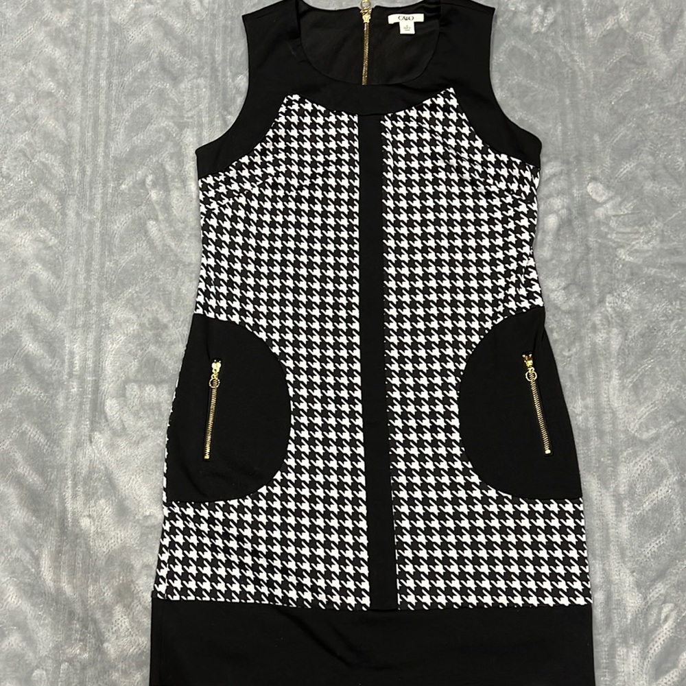 Black and white Cato dress with gold zippers